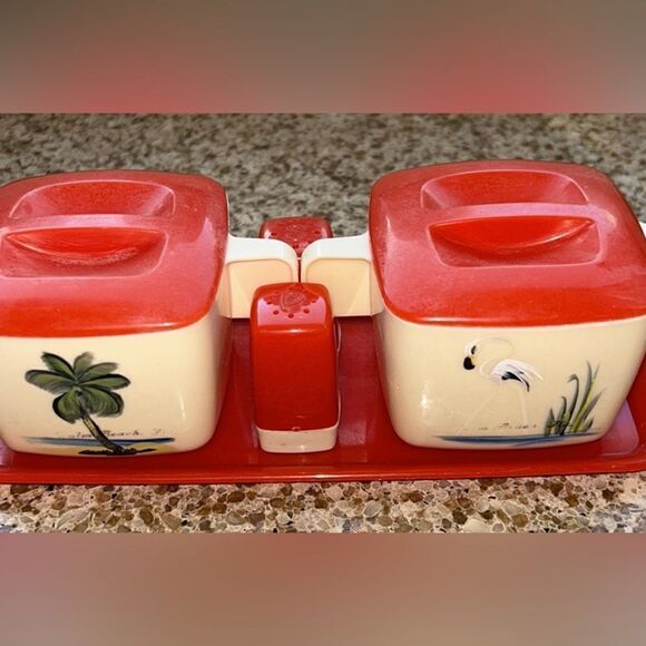 Palm Beach 🏝️ Mid-Century Modern Kitchen Set ☀️ features 🦩 & 🌴 Salt 🧂 n pep - Picture 1 of 16